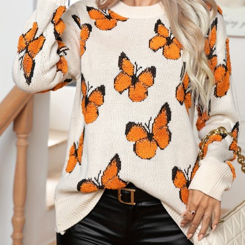 Butterfly Pattern Crew Neck Pullover Sweater, Casual Long Sleeve Drop Shoulder Sweater, Women's Clothing