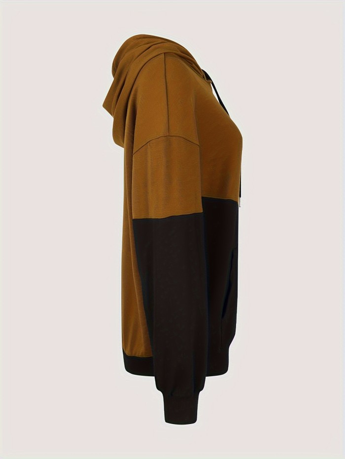 Color Block Kangaroo Pocket Hoodie, Elegant Loose Long Sleeve Drawstring Hooded Sweatshirt, Women's Clothing