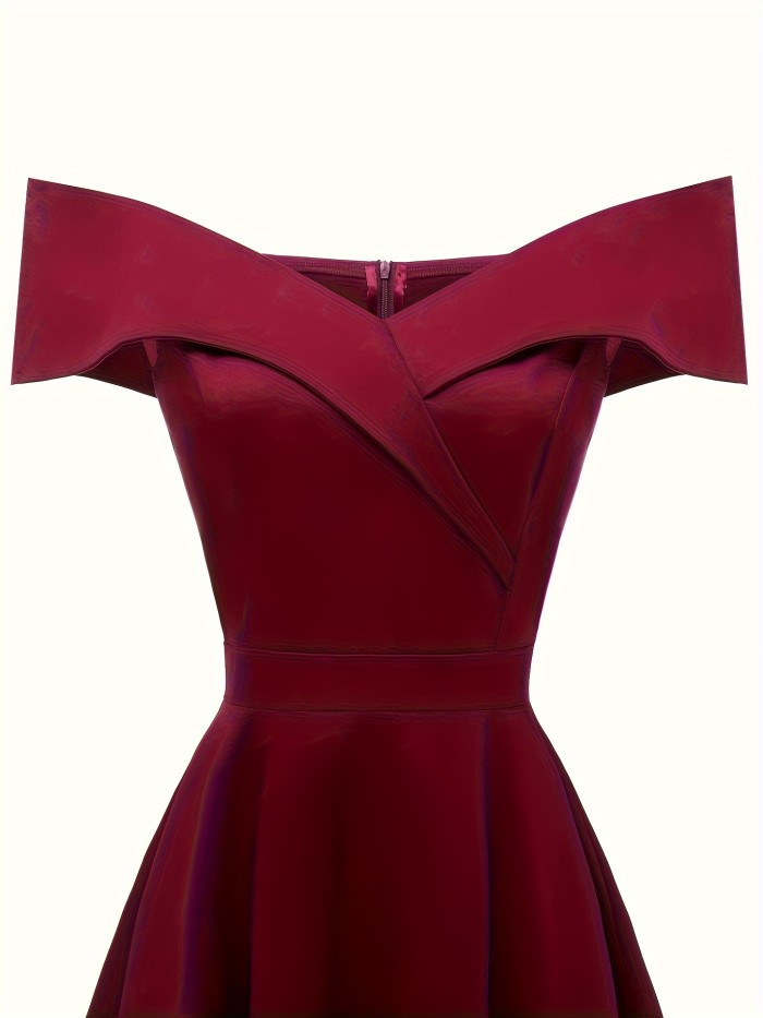 Off-shoulder Foldover Dress, Elegant Solid Color Flare Dress, Women's Clothing
