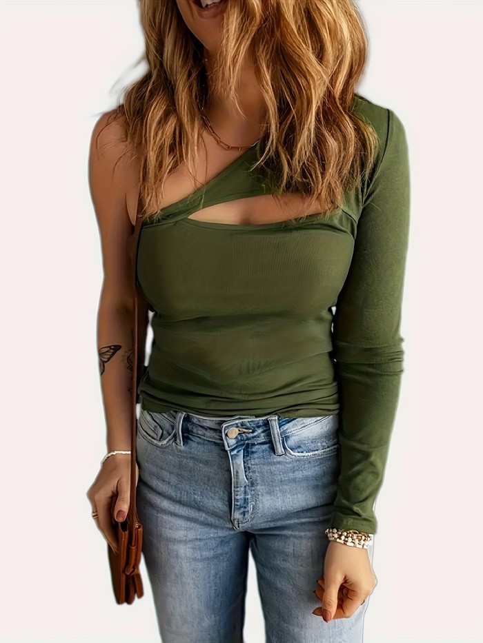 Solid Cold Shoulder Cut Out T-Shirt, Y2K Long Sleeve T-Shirt For Spring & Fall, Women's Clothing