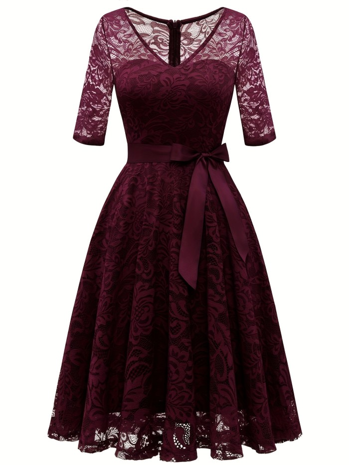 Bow Front Lace Bridesmaid Dress, Elegant V-neck Dress For Wedding Party, Women's Clothing