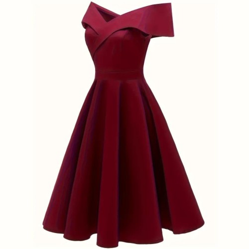 Off-shoulder Foldover Dress, Elegant Solid Color Flare Dress, Women's Clothing