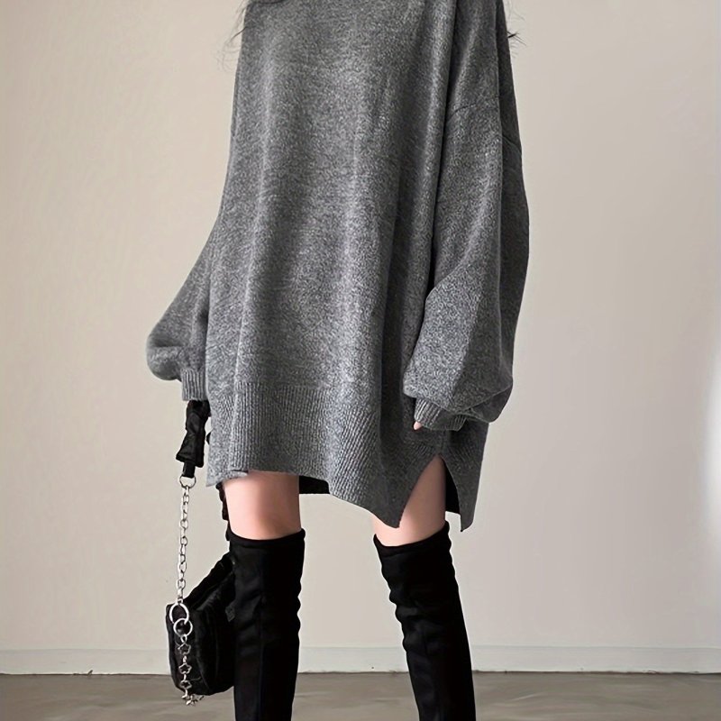 Solid Turtle Neck Oversized Sweater, Casual Long Sleeve Split Sweater, Women's Clothing