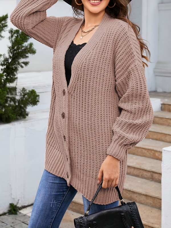 Solid Button Down Knit Cardigan, Casual Long Sleeve Drop Shoulder Split Sweater, Women's Clothing