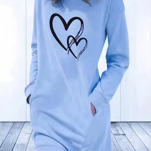 Double Heart Print Crew Neck Dress, Casual Long Sleeve Pockets Dress For Spring & Fall, Women's Clothing