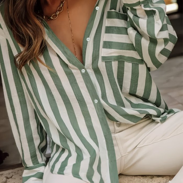 Striped Button Front Pocket Shirt, Casual Long Sleeve Loose Top For Spring & Fall, Women's Clothing