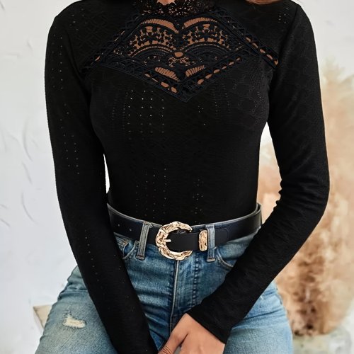 Cutout Lace Stitching Mock Neck T-Shirt, Casual Long Sleeve Top For Spring & Fall, Women's Clothing