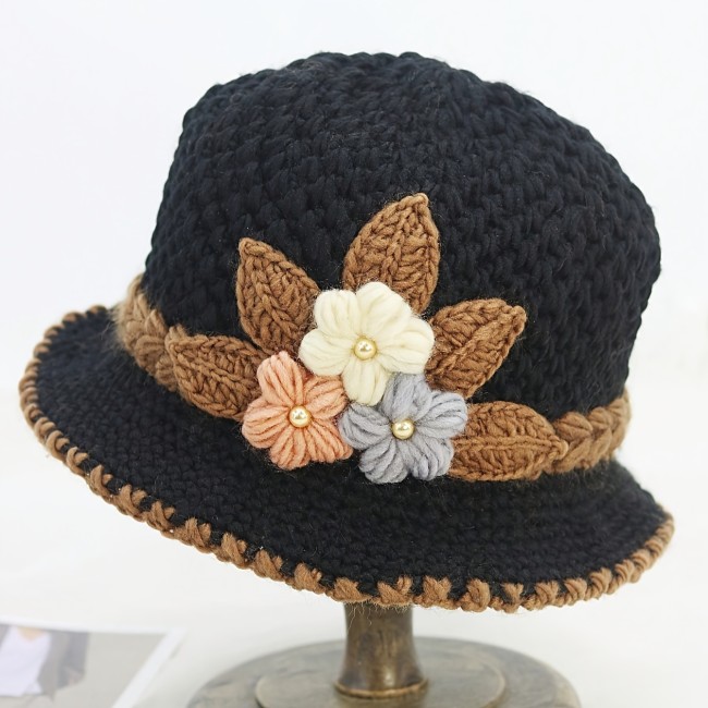 Elegant Flower Crochet Bucket Hat Flower Knitted Basin Hats Lightweight Warm Fisherman Cap For Women Autumn & Winter