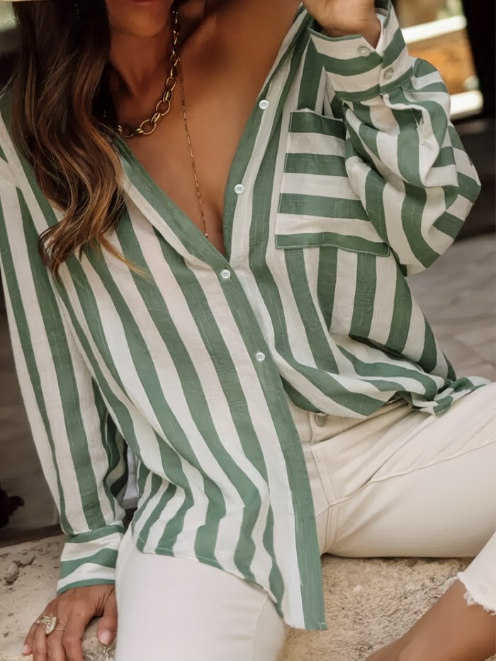 Striped Button Front Pocket Shirt, Casual Long Sleeve Loose Top For Spring & Fall, Women's Clothing