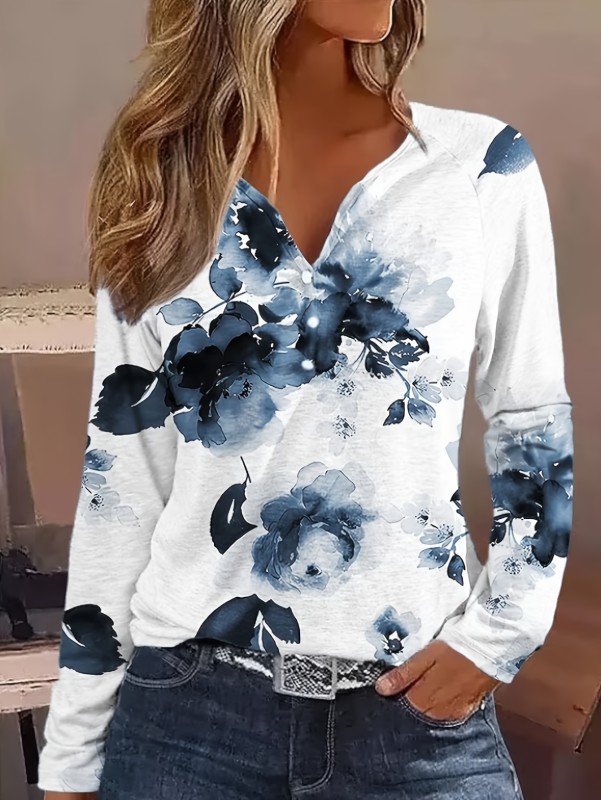 Floral Print Button Notched Neck T-shirt, Casual Long Sleeve Top For Spring & Fall, Women's Clothing