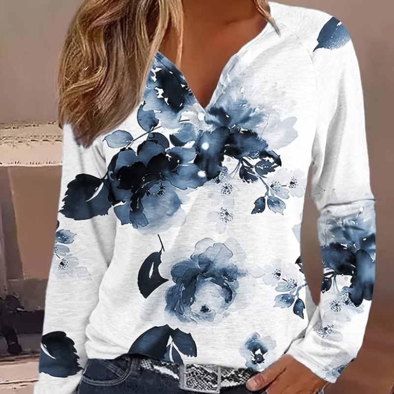 Floral Print Button Notched Neck T-shirt, Casual Long Sleeve Top For Spring & Fall, Women's Clothing