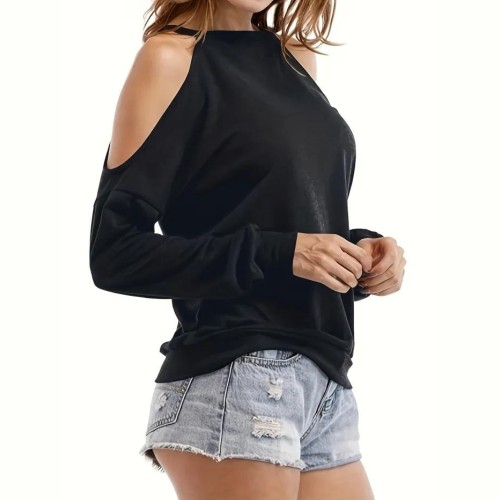 Solid Cold Shoulder T-shirt, Casual Long Sleeve Loose Top For Spring & Fall, Women's Clothing