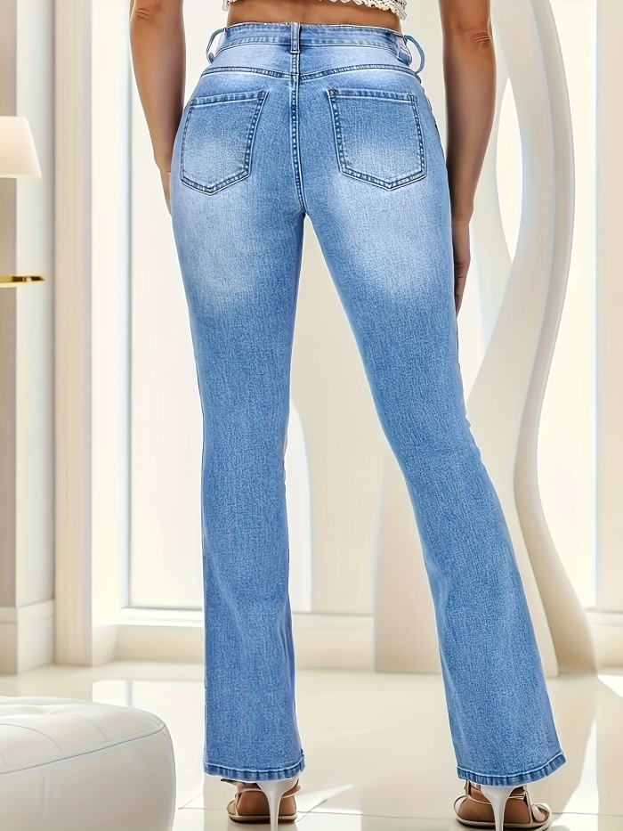 Slant Pockets Whiskering Bootcut Jeans, Mid-Stretch Washed Denim Pants, Women's Denim Jeans & Clothing