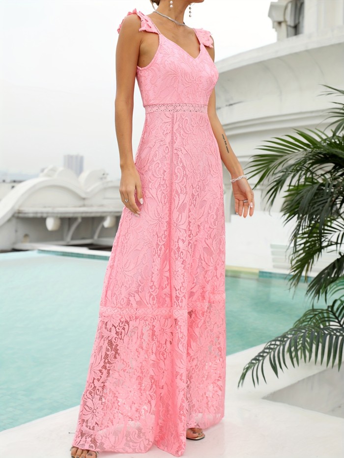 Sleeveless Lace Bridesmaid Dress, Elegant V Neck Maxi Length Dress For Wedding Party, Women's Clothing