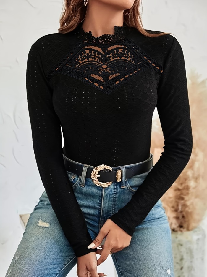Cutout Lace Stitching Mock Neck T-Shirt, Casual Long Sleeve Top For Spring & Fall, Women's Clothing