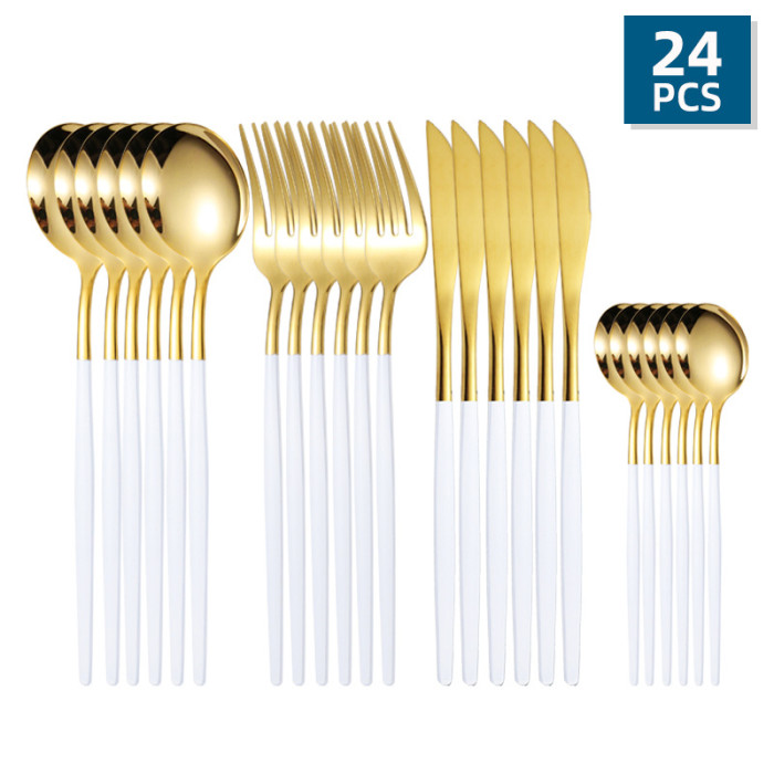 24 Pcs Set Stainless Steel Golden Cutlery, Silverware Set Mirror Flatware Set Portuguese Cutlery Spoon, Western Cutlery Set, Colorful For Wedding Dinning Household Hotel Kitchen And Dinning Restaurant Tableware, For Halloween, Christmas, Thanksgiving