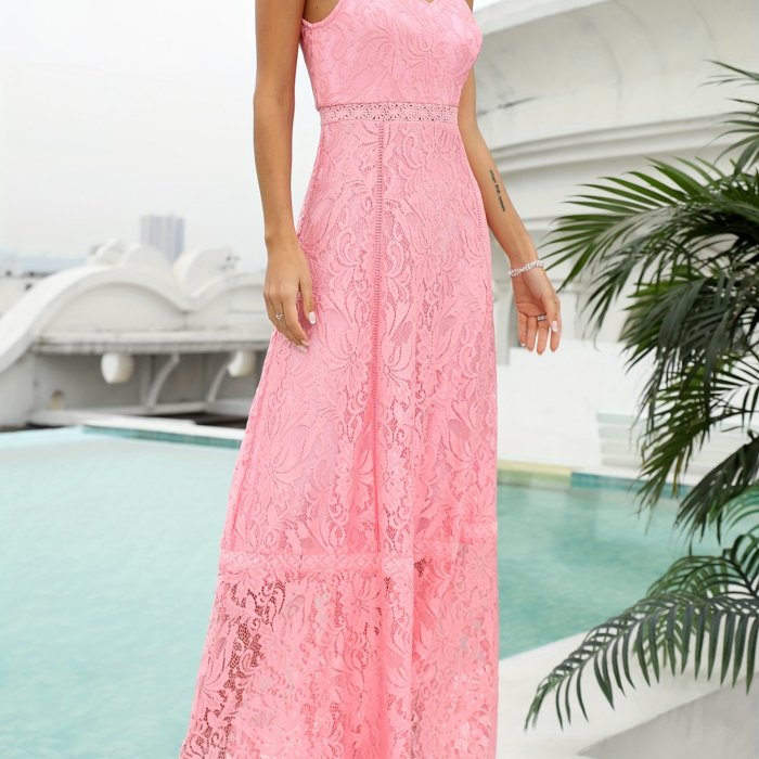 Sleeveless Lace Bridesmaid Dress, Elegant V Neck Maxi Length Dress For Wedding Party, Women's Clothing