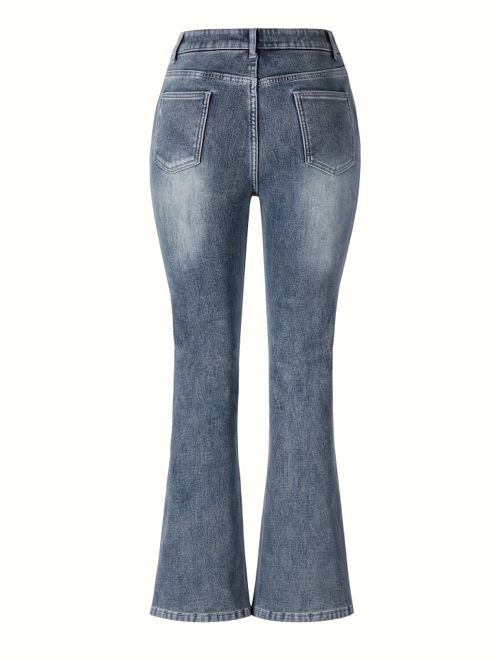 Fleece Liner Washed Flare Jeans, Slant Pockets High Stretch Bell Bottom Jeans, Women's Denim Jeans & Clothing