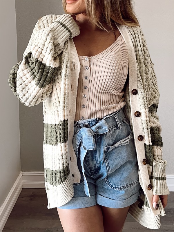 Striped Button Down Chunky Knit Cardigan, Casual Long Sleeve Loose Sweater, Women's Clothing
