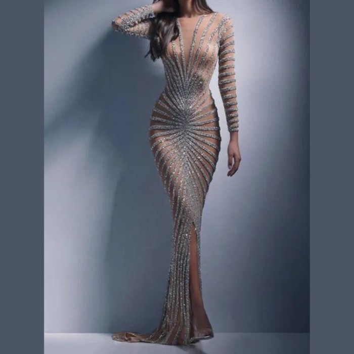 Sexy Mesh Hot Silver Striped Stitching Long Sleeve Slit Banquet Wedding Evening Dress