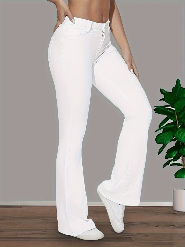 Solid Color Casual Bootcut Jeans, High Stretch Slant Pockets Denim Pants, Women's Denim Jeans & Clothing