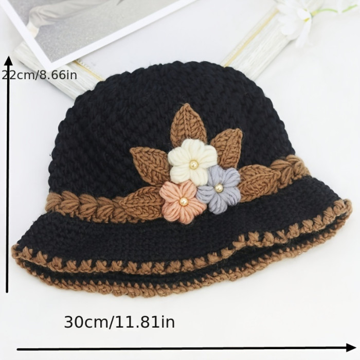 Elegant Flower Crochet Bucket Hat Flower Knitted Basin Hats Lightweight Warm Fisherman Cap For Women Autumn & Winter