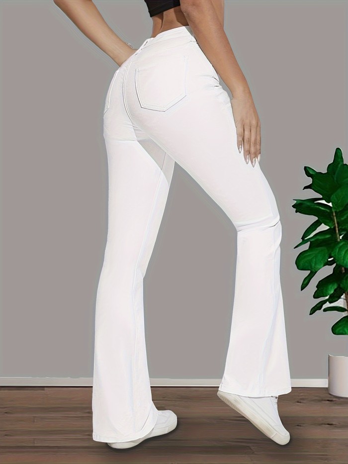 Solid Color Casual Bootcut Jeans, High Stretch Slant Pockets Denim Pants, Women's Denim Jeans & Clothing