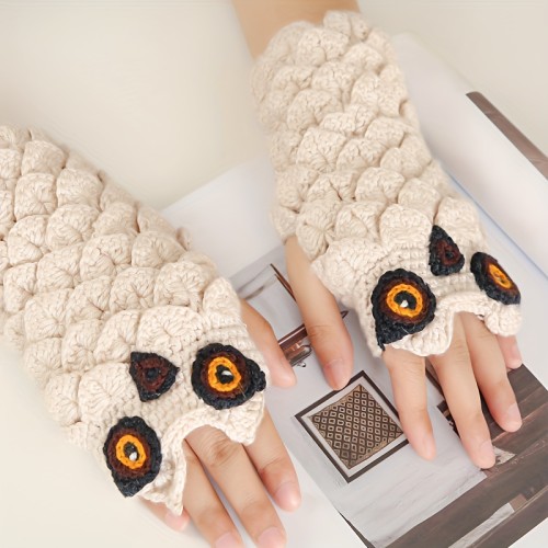 Cute Cartoon Owl Gloves Short Jacquard Half Finger Knit Gloves Ladies Autumn Winter Warm Thickened Coldproof Gloves
