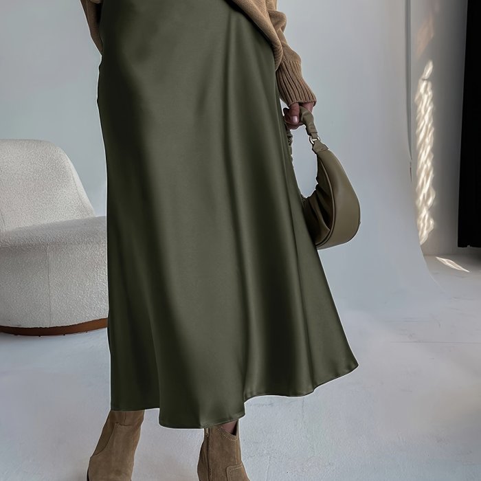 Retro Satin Maxi Skirts, Casual Solid High Waist Vintage Fashion Summer Skirts, Women's Clothing