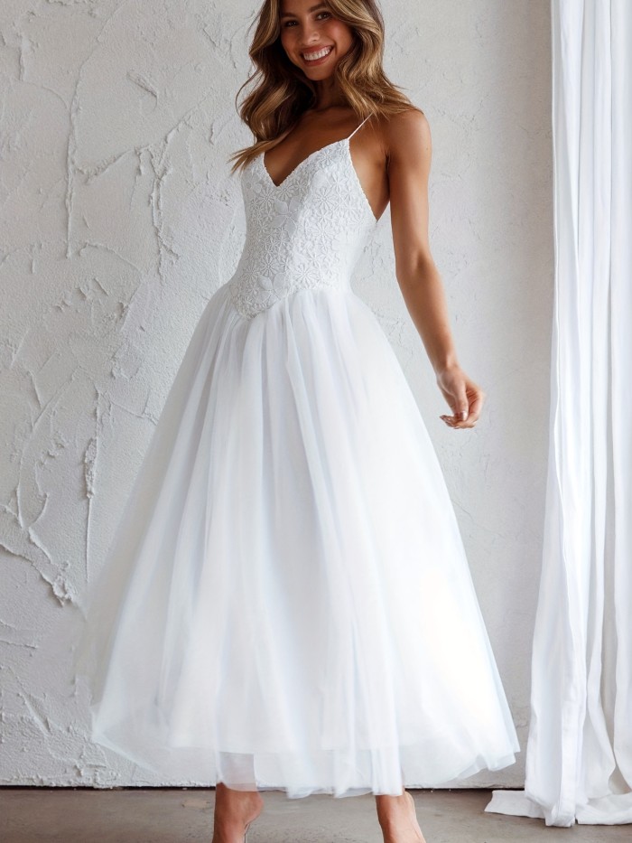 Boho Floral Lace Jacquard Cami Wedding Dress, Elegant Sleeveless Wedding Dress, Women's Clothing