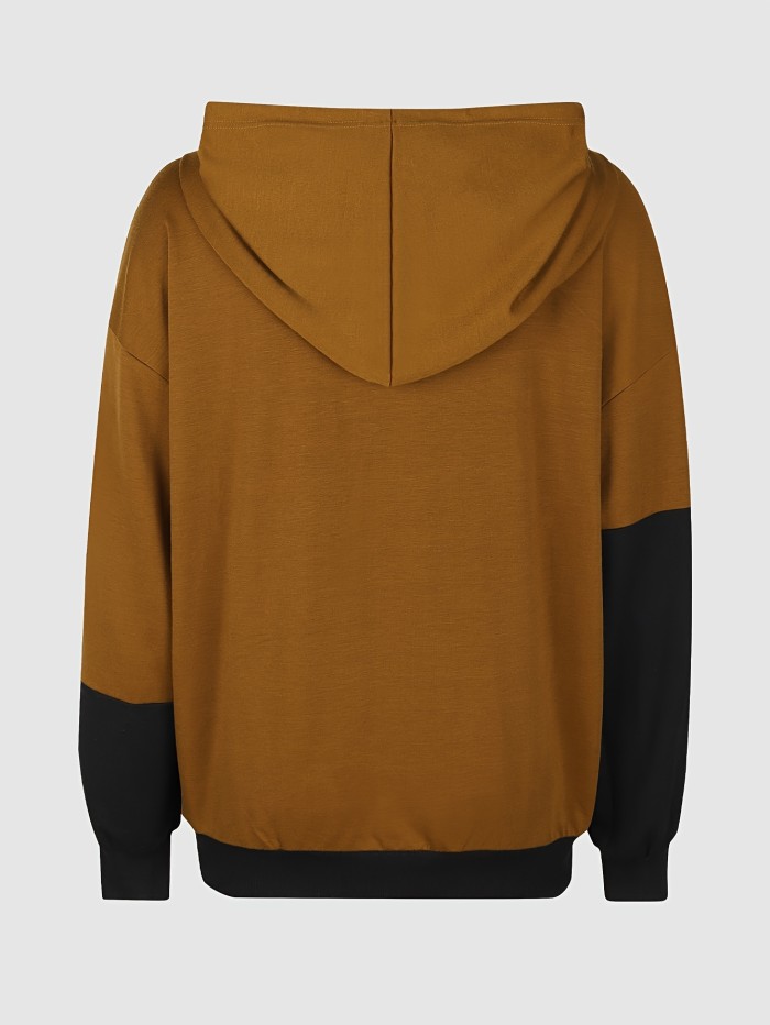 Color Block Kangaroo Pocket Hoodie, Elegant Loose Long Sleeve Drawstring Hooded Sweatshirt, Women's Clothing