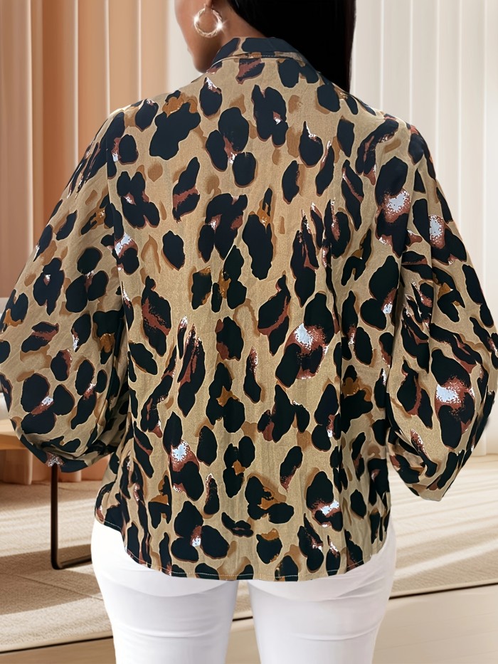 Leopard Print Tied Neck Blouse, Elegant Long Sleeve Top For Spring & Fall, Women's Clothing