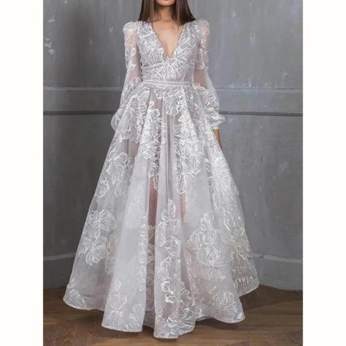 Elegance Pure White Embroidered Floral Mesh V-Neck High Waist Wedding Dress