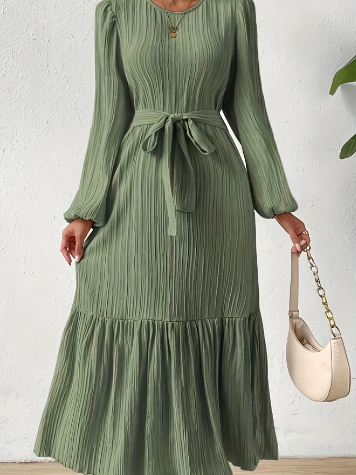 Long Sleeve Belted Maxi Dress, Ruffle Hem Casual Crew Neck Dress For Spring, Women's Clothing