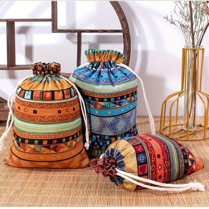 1pc Egyptian Pattern Linen Drawstring Bag, Gift Packaging Bag, Jewelry Gift Candy Storage Bag, Multi-color Multi-size To Choose, For Chrismas