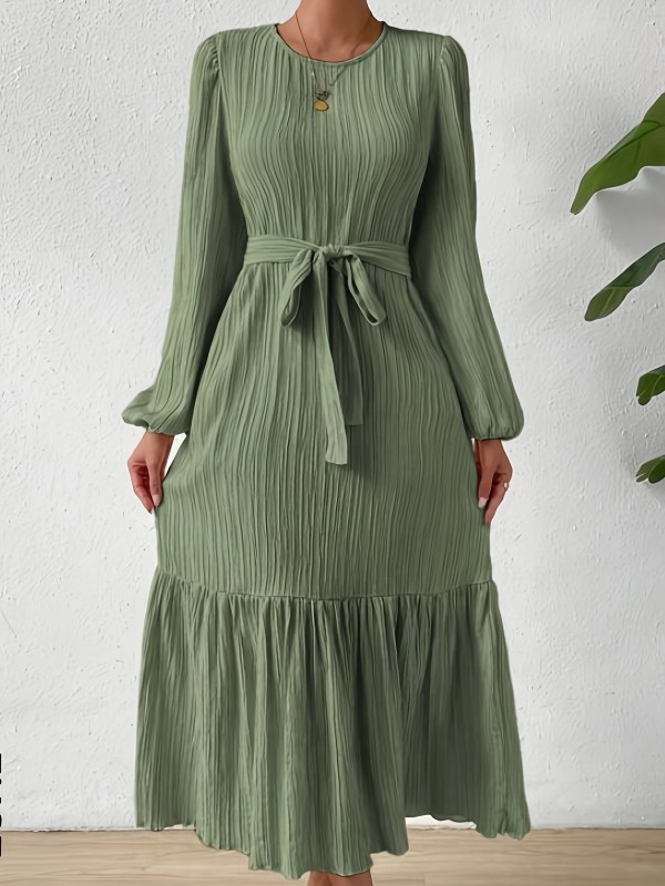 Long Sleeve Belted Maxi Dress, Ruffle Hem Casual Crew Neck Dress For Spring, Women's Clothing