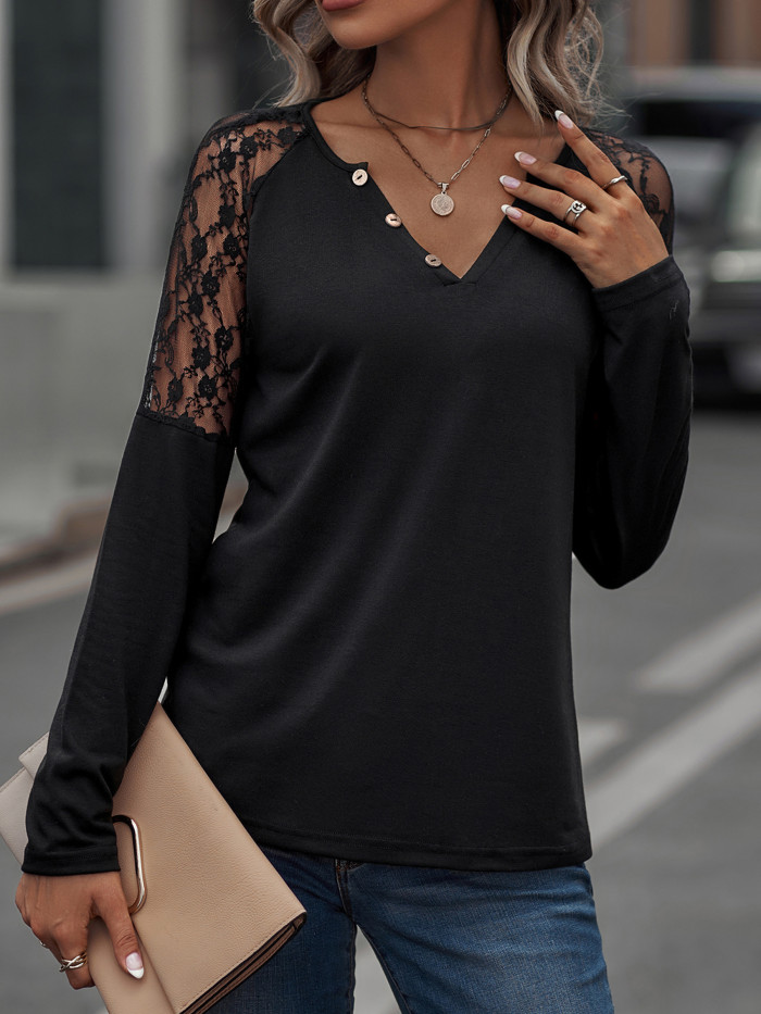 Lace Shoulder Long Sleeve Shirt, Notch Neck Long Sleeve T-Shirt, Casual Tops For Fall & Winter, Women's Clothing