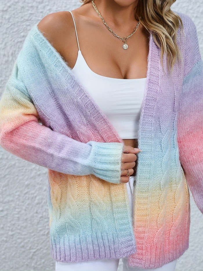 Gradient Open Front V Neck Cardigan, Casual Long Sleeve Cardigan For Spring & Fall, Women's Clothing