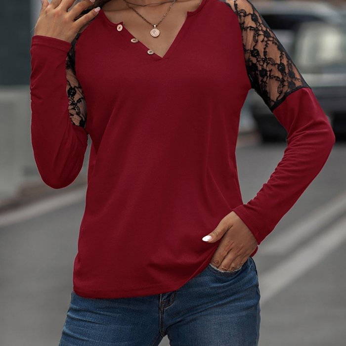 Lace Shoulder Long Sleeve Shirt, Notch Neck Long Sleeve T-Shirt, Casual Tops For Fall & Winter, Women's Clothing