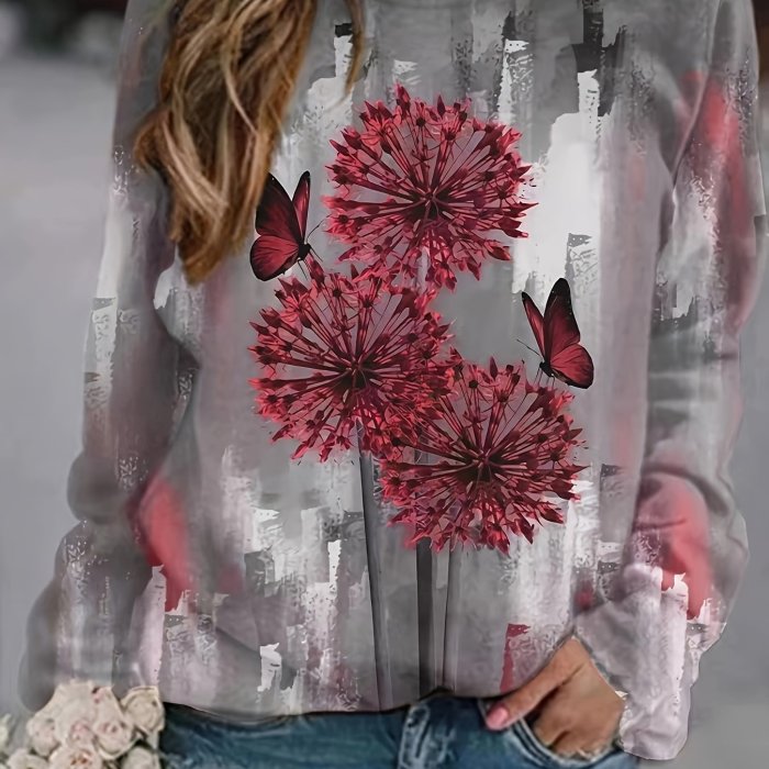 Dandelion & Butterfly Print Pullover Sweatshirt, Casual Long Sleeve Crew Neck Sweatshirt For Fall & Winter, Women's Clothing