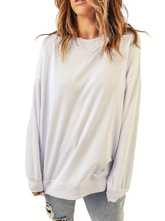 Solid Drop Shoulder Pullover Sweatshirt, Casual Long Sleeve Crew Neck Sweatshirt For Fall & Winter, Women's Clothing