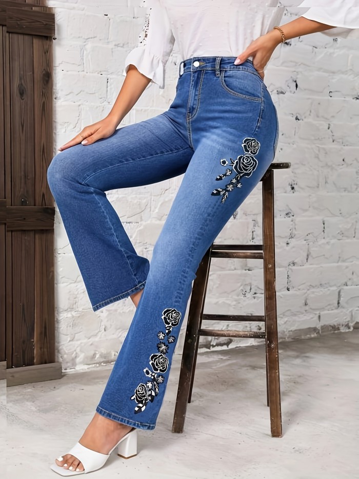 Floral Embroidered Decor Flare Jeans, Slant Pockets Mid-Stretch Slant Pockets Bell Bottom Jeans, Women's Denim Jeans & Clothing