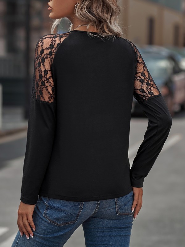 Lace Shoulder Long Sleeve Shirt, Notch Neck Long Sleeve T-Shirt, Casual Tops For Fall & Winter, Women's Clothing