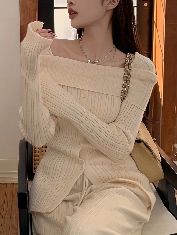 Solid Off Shoulder Rib Knit Sweater, Elegant Button Front Long Sleeve Slim Sweater, Women's Clothing