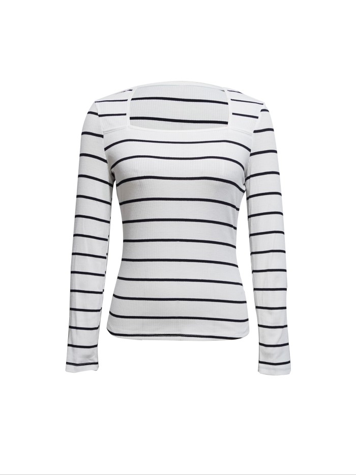 Striped Print Square Neck T-Shirt, Casual Long Sleeve T-Shirt For Every Day, Women's Clothing