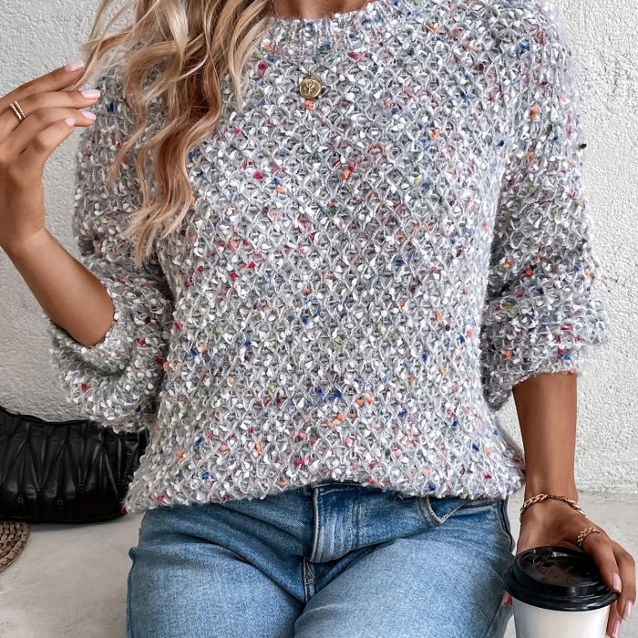 Color Dot Crew Neck Pullover Sweater, Casual Long Sleeve Sweater For Fall & Winter, Women's Clothing
