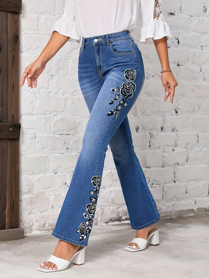 Floral Embroidered Decor Flare Jeans, Slant Pockets Mid-Stretch Slant Pockets Bell Bottom Jeans, Women's Denim Jeans & Clothing
