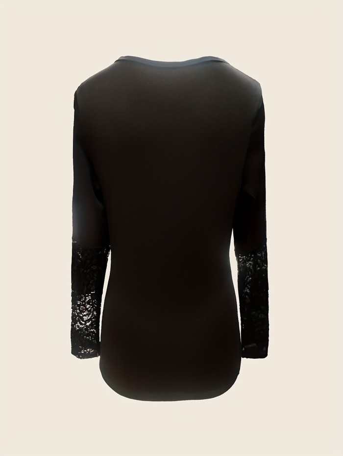 Contrast Lace V Neck T-Shirt, Casual Long Sleeve Slim Top For Spring & Fall, Women's Clothing