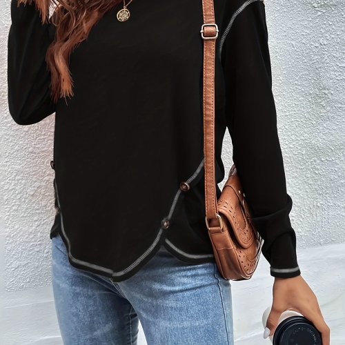 Solid Color Long Sleeve Button Trim Asymmetric Top, Stylish Fall Winter Sweatshirt, Women's Clothing