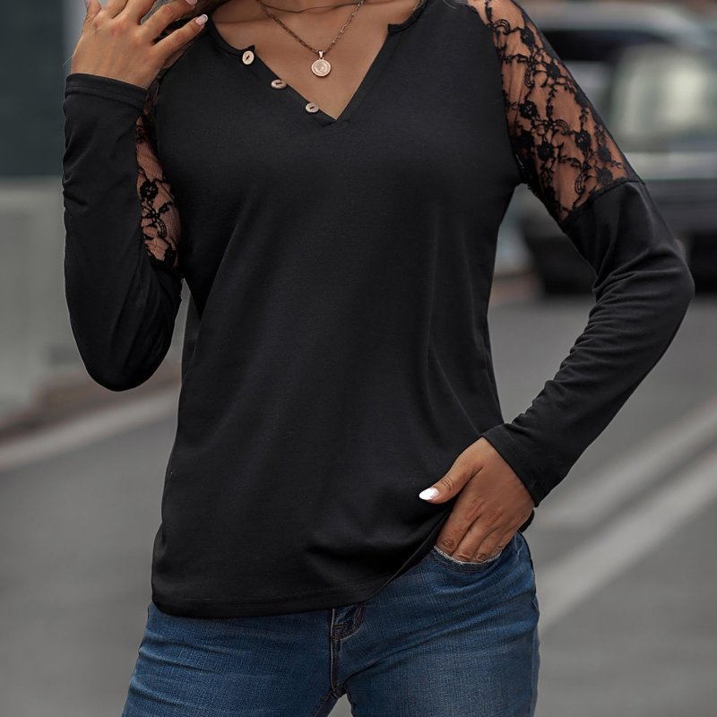 Lace Shoulder Long Sleeve Shirt, Notch Neck Long Sleeve T-Shirt, Casual Tops For Fall & Winter, Women's Clothing